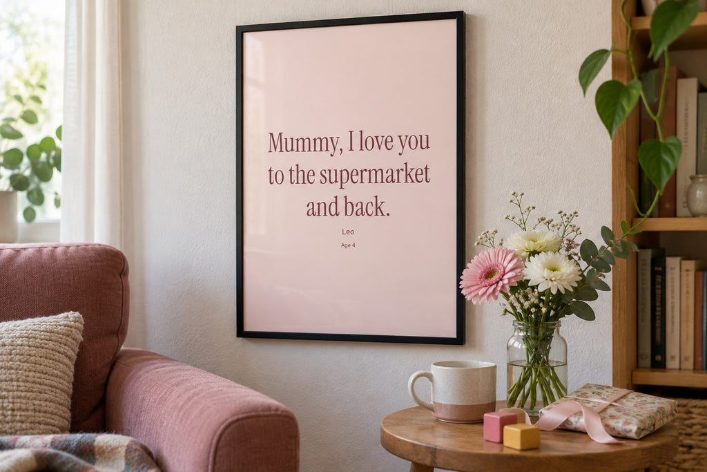 Illustrative product mockup: framed A3 child's quote in a family living room. Not a customer photo.