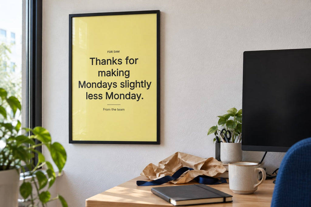 Illustrative product mockup: framed A3 team thank-you print in an office. Not a customer photo.