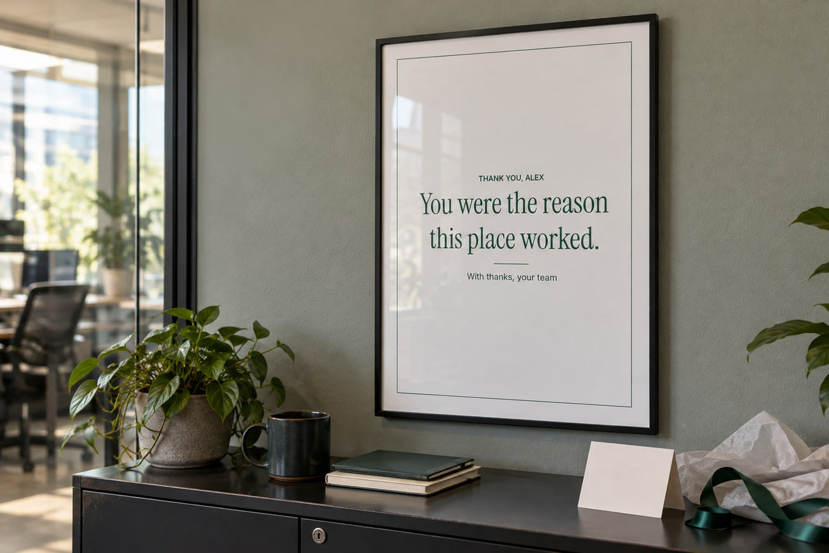 Illustrative product mockup: framed A3 farewell gift in an office. Not a customer photo.