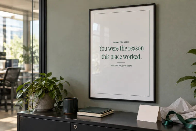 Illustrative framed thank-you gift for a colleague in an office; AI-generated example.