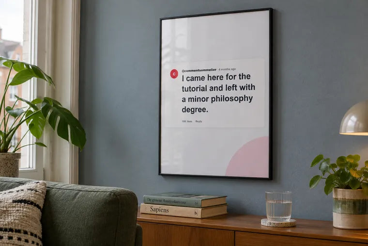 Illustrative framed internet comment above a living-room cabinet; AI-generated example.