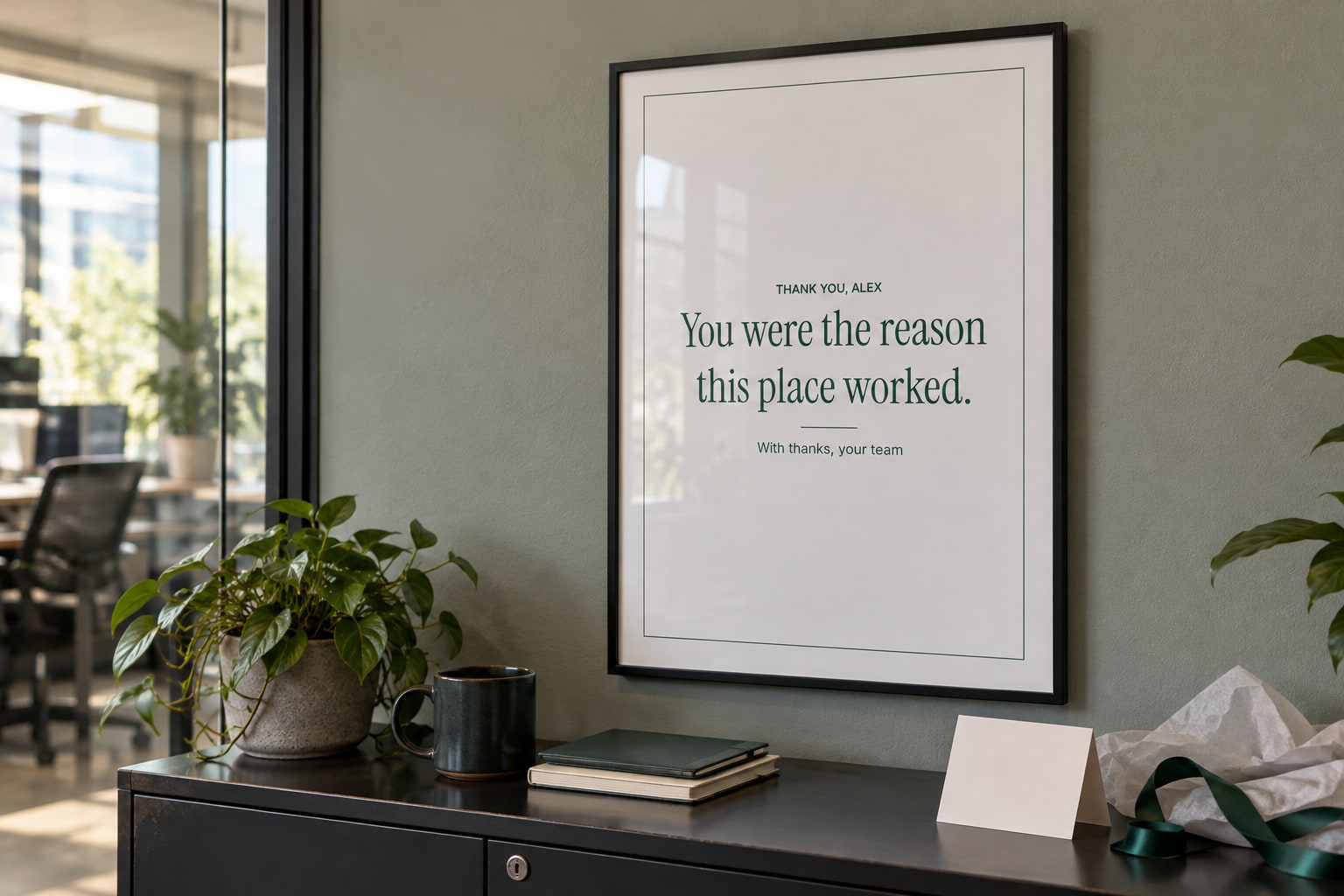 Illustrative framed A3 farewell gift in an office